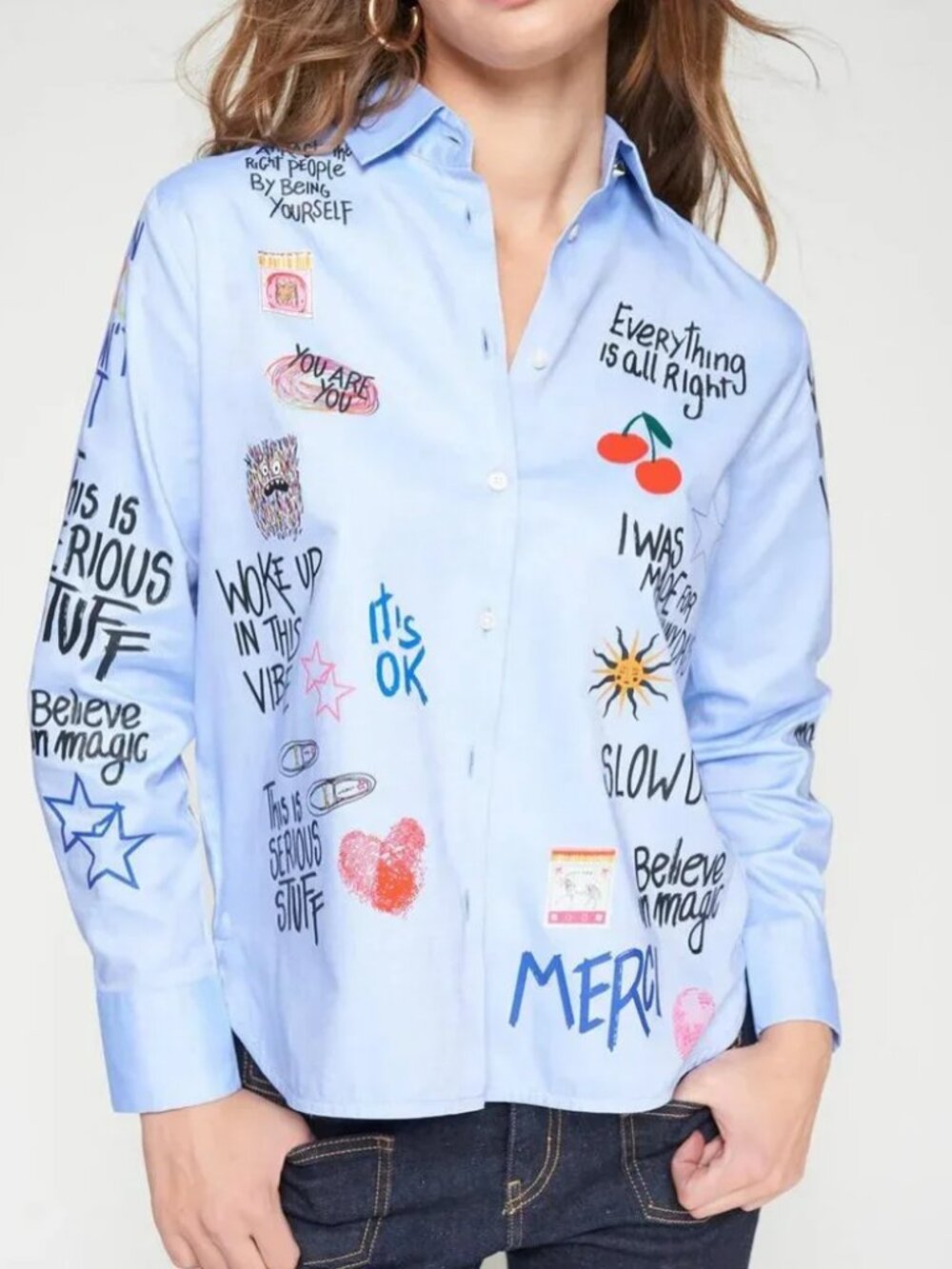 NWT Womens Vilagallo (Item- 30) Oxford Blue Graffiti Graphic Shirt Top 38 US/S R